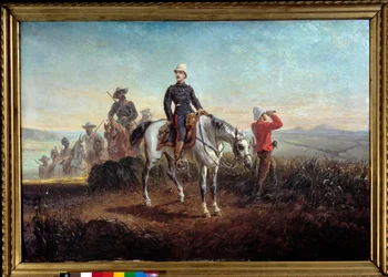 Kolonialkampanj i Sydafrika: ”” Kejsarprins Eugene Louis Napoleon Bonaparte (1856-1879) i Zoulouland”” Målning av Olivier Pichat (1825-1912), 87 x 128 cm. 1800-talet. Compiegne musee du chateau - kolonialkampanj i Sydafrika: "" Prins I