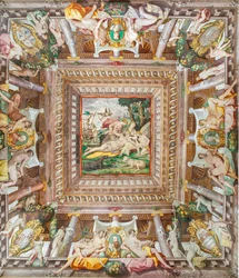 Utsikt över taket i Adonis-rummet och minnesstenarna för familjemedlemmarna Rossi, Gonzaga, Riario och Medici, Rocca dei Rossi, San Secondo, Parma, Italien