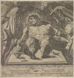 Klagoång över Kristi kropp av de tre Mariana, en burk med salva på bordet till ..., 1615.