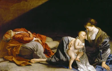 Vila på flykten till Egypten - The Rest on the Flight into Egypt - Orazio Gentileschi (1563-1638). Olja på duk, ca 1625. Storlek: 138,5x216 cm. Konsthistoriska museet, Wien