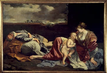 Den heliga familjens vila under flykten till Egypten, målning av Orazio Gentileschi (1562-1647), 1600-talet, sol. 1,57 x 2,25 m. Paris, Louvren
