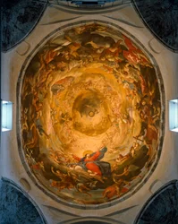Inifrån kupolen. Fresk som skildrar Jungfruns antagande av Orazio och Girolamo Riminaldi (1600-talet)