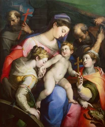 Den heliga familjen med de heliga Margareta, Catherine och Franciskus (olja)