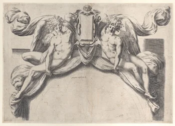 Två änglar som stödjer en kartusch eller sköld, 1568-77., 1568-77.