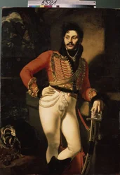 Porträtt av husaröversten Eugraph Davydov (1775-1823). (Porträtt av husaröversten E. Davydov). Målning av Oreste Adamovich Kiprensky (Kiprenski) (1782-1836), olja på duk
