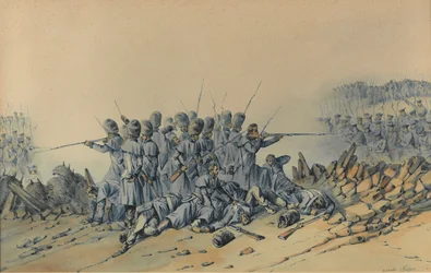 Last Stand of the Guards at the Sandbag Redout (akvarell på papper)