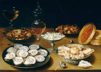 Rätter med ostron, frukt och vin, ca 1620-25 (olja på panel)
