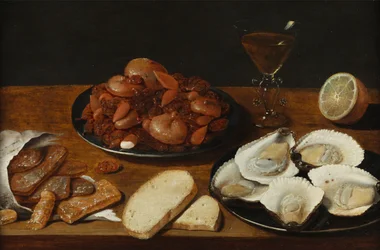 Stilleben med ostron, bakning, citron och vinglas