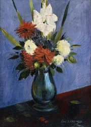 Blomstervas med gladiolus och dahlior