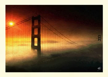 Dimma vid solnedgången över Golden Gate