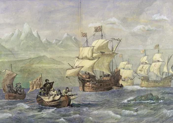 Upptäckten av Magellansundet (färgad gravyr)