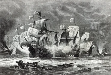 The Vanguard, under Sir William Winter, engagerar den spanska armadan, från 