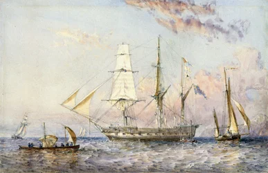Fartyget HMS "Rattlesnake" (1822). Akvarell 1853 av Sir Oswald Walter Brierly (1817-1894).