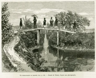 En missionär i sin tur. Gravyr av Tofani, för att illustrera historien Trente mois au Tonkin, 1884, av doktor Paul Hocquard, i le tour du monde 1890, under ledning av Edouard Charton (1807-1890), Hachette, Paris.