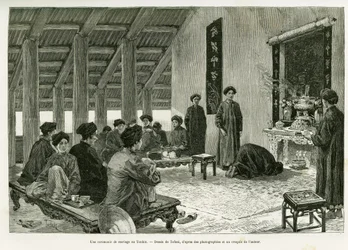 En bröllopsceremoni på Tonkin. Gravyr av Tofani, för att illustrera berättelsen Trente mois au Tonkin, 1884, av Dr Paul Hocquard, i le tour du monde 1890, under ledning av Edouard Charton (1807-1890), Hachette, Paris.