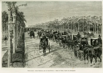 Buenos Aires, Sarmiento Avenue, Three February Park. Gravyr av Tofani, för att illustrera berättelsen Voyage a la Plata, 1886, av Emile Daireaux, i le tour du monde 1888, regisserad av Edouard Charton (1807-1890), Hachette, Paris.