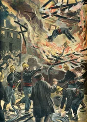 Brandmannen Baillys död under en kvarnbrand i Bourges 1898 (Gravyr)