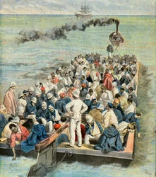 Ombordstigning på fartygssjukhuset för de sårade från expeditionen till Madagaskar 1896 (Gravyr)