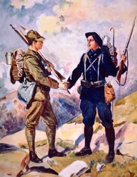 "Frères Alpins", italienska och franska alpsoldater skakar hand som kamrater i vapen och bergsskicklighet (färg litho)