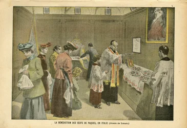 Illustration av Oswaldo Tofani (1849-1915) i Le Pelerin, 03/04/04 - Påskäggens välsignelse i Italien - Italien, Religion Tro, påsk, katolsk katolicism - Ägg