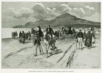 Öbor går till mässan. Gravyr av Tofani, för att illustrera berättelsen Trois mois en Irlande, 1889, av Marie anne de Bovet, i le tour du monde 1890, regisserad av Edouard Charton (1807-1890), Hachette, Paris.
