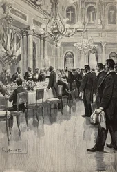 Italienska diplomater skålar tillsammans, Paris, Frankrike, gravyr från teckning av Gennaro Amato, från skiss av Osvaldo Tofani, från L