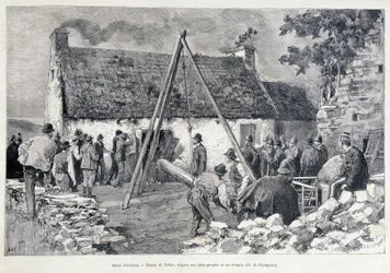 Män springer genom en dörr med hjälp av ett magträd för att kasta ut den boende från bostaden. Teckning av Tofani från en skiss av O. de Champeaux (1800-talet).