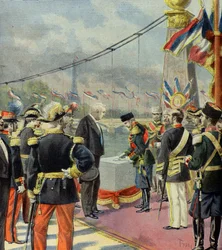 Nicolas 2 lägger den första stenen på Alexandre 3-bron, i närvaro av Felix Faure, Paris 1896 (Gravyr)