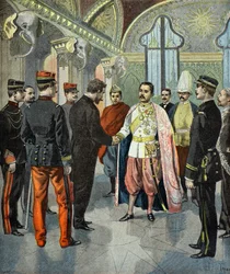 Paul Doumer mottagen av kung Rama 5 av Siam 1899 (Gravyr)