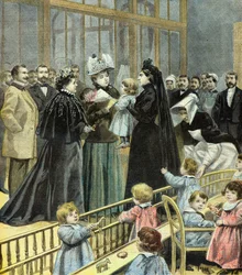 President Felix Faures fru besöker barnen vid Fourcade-krubban i Paris 1896 (Gravyr)