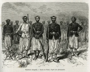Senegalesiska ryttare av expeditionen eskort. Gravyr av Tofani, för att illustrera berättelsen om Exploration in Haut Niger, av Commander Gallieni, av Marine Infantry, 1880-1881, publicerad i Tour du monde, under ledning av Edouard Charton (1807)