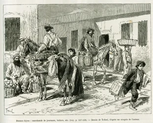 Småföretag, tidningshandlare, mejeri, fruktförsäljare etc... på gatorna i Buenos Aires (Argentina). Gravyr av Tofani för att illustrera berättelsen Voyage a la Plata, tre månaders semester av Emile Blaireaux 1886, i tour du monde 1887, unde