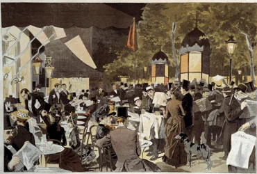 Boulevarderna på valnattens kaféterrass. Från en målning av Osvaldo Tofani (1849-1915) Ec. Ital.