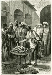 Fiskehandlaren i Kachan (eller Kashan, i Teheran-provinsen, nuvarande Iran). Gravyr av Tofani, från ett fotografi, för att illustrera berättelsen "" Persia, Chaldee och Susiane"" 1881-1882, av Jane Dieulafoy (f. Magre)