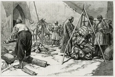 Vägningen av bagaget innan Delafoy Bridal Expedition avgår. Gravyr av Tofani, för att illustrera berättelsen "" Persien, Kaldeen och Susiane""