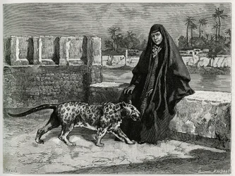 Torkan Khanoum, favorit hos shejk Moses, den mäktige stamledaren i Arabistan, med sin panter. Gravyr av Tofani som illustration till berättelsen ”Persien, Kaldeen och Susiana”