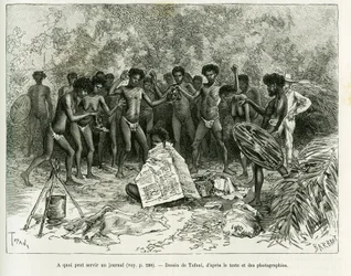 Vad kan en tidning användas till? Gravyr av Tofani, för att illustrera berättelsen Chez les cannibales, Journey to North-East Australia