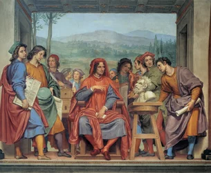 Laurent de Medici (1449 - 1492) (Laurent den magnifike: Lorenzo il Magnifico) sittande i mitten av konstnärerna, Fresko av Ottavio Vannini (1585 1643) - Museo degli argenti, Florens