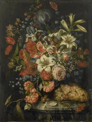 Stilleben med blommor och frukt