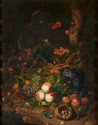 Stilleben av frukt och blommor (olja på duk)