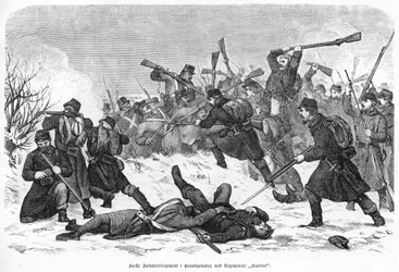 Första infanteriregementet i hand-till-hand-strid med "Martini"-regementet, pub. 1865 (gravyr)
