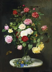 En bukett rosor i en glasvas av vilda blommor på ett marmorbord, 1882