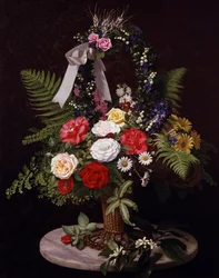 Stilleben med blommor i en korg (prästkragar, ormbunkar, rosor)