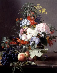 Stilleben med frukt och blommor. Målning av Otto Didrik Ottesen (1816-1892) Privat samling.