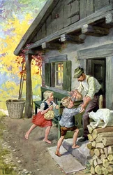 Hans och Greta hittar vägen tillbaka hem, ca 1910 (vykort)