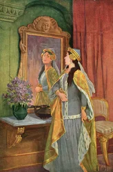 ”Spegel, spegel på väggen där, säg vem som vackrast i landet är?”, illustration till Grimms saga ”Snövit och de sju dvärgarna”, ca 1900