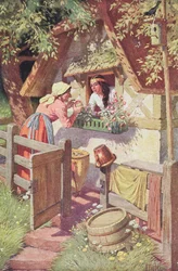 Den onda drottningen, förklädd till en gammal kvinna, erbjuder Snövit det förgiftade äpplet, illustration ur Grimms saga ”Snövit och de sju dvärgarna”, omkring 1900