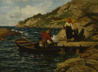 Fiskare, kvinna och barn vid kajen