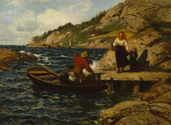 Fiskare, kvinna och barn vid kajen