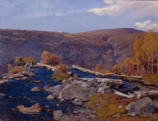 Bergslandskap med flod (olja på duk)